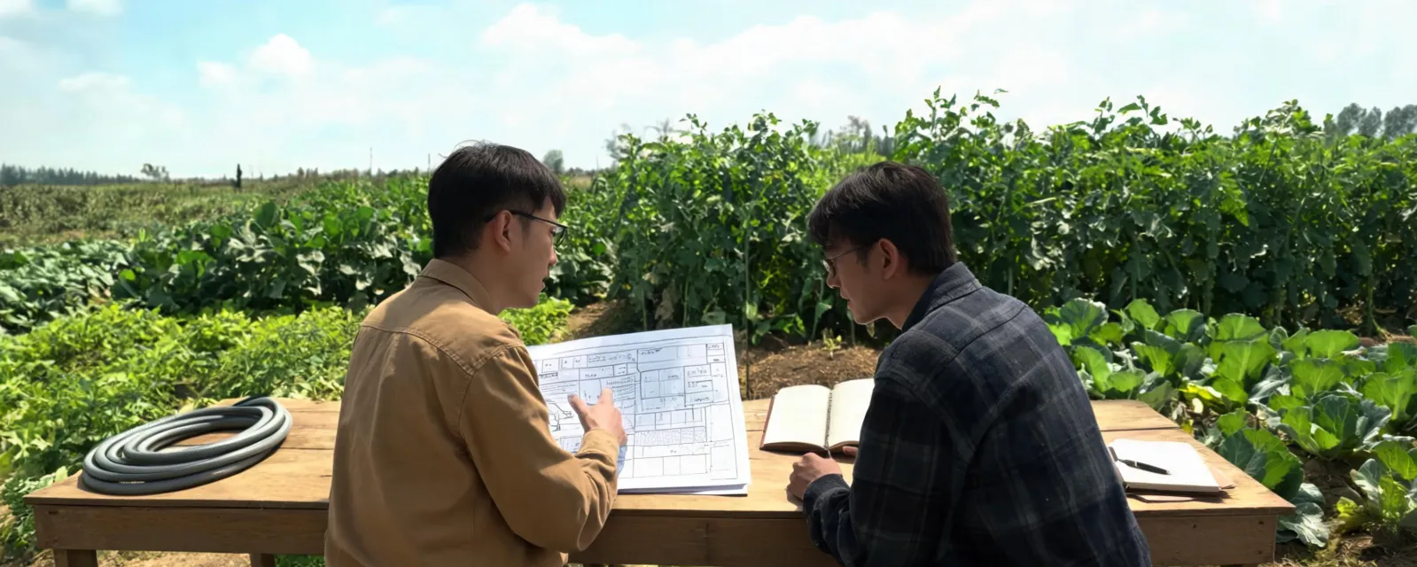 Illustrative purchasing discussion beside an irrigation field plan