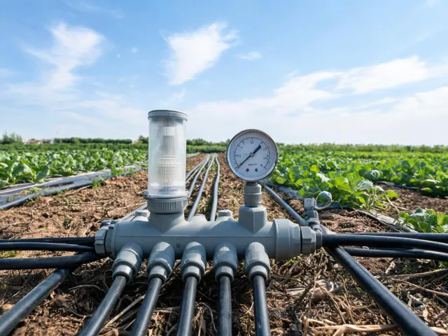 Filter and pressure gauge at an agricultural irrigation zone