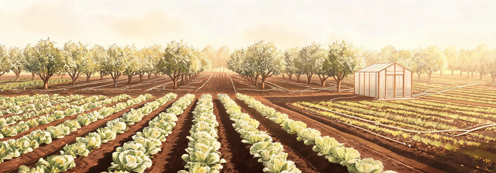 Illustrated irrigation zones across a vegetable field and orchard
